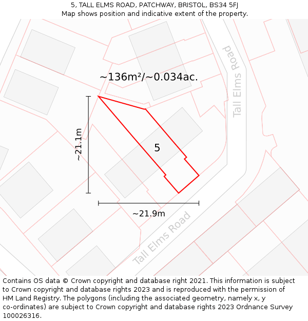 5, TALL ELMS ROAD, PATCHWAY, BRISTOL, BS34 5FJ: Plot and title map