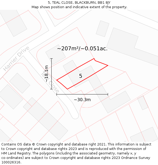 5, TEAL CLOSE, BLACKBURN, BB1 8JY: Plot and title map