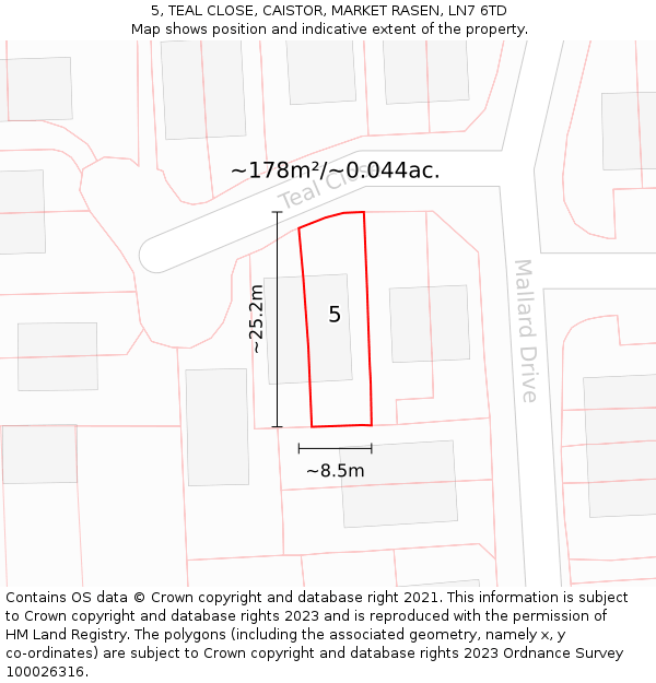 5, TEAL CLOSE, CAISTOR, MARKET RASEN, LN7 6TD: Plot and title map