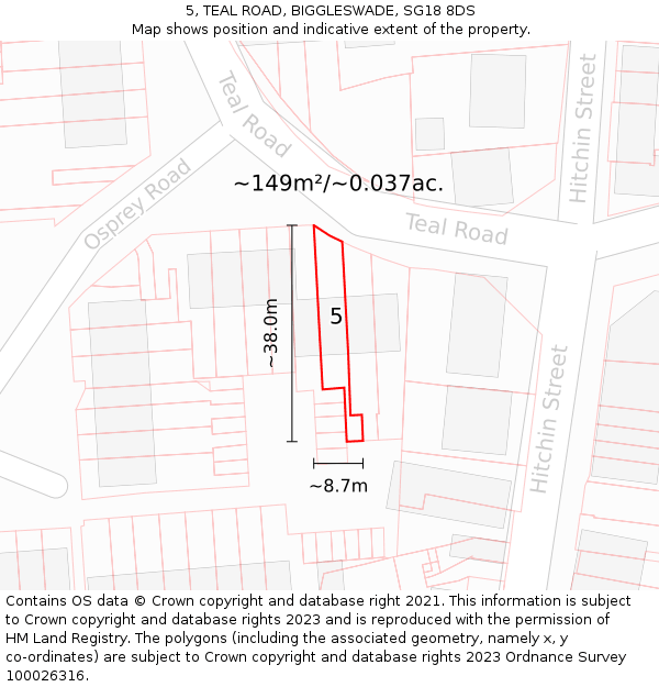 5, TEAL ROAD, BIGGLESWADE, SG18 8DS: Plot and title map