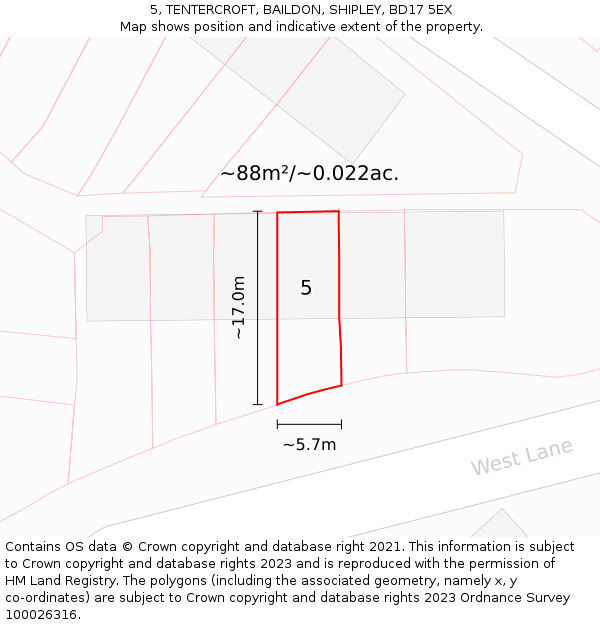 5, TENTERCROFT, BAILDON, SHIPLEY, BD17 5EX: Plot and title map