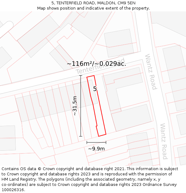 5, TENTERFIELD ROAD, MALDON, CM9 5EN: Plot and title map