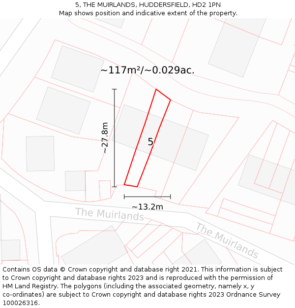 5, THE MUIRLANDS, HUDDERSFIELD, HD2 1PN: Plot and title map