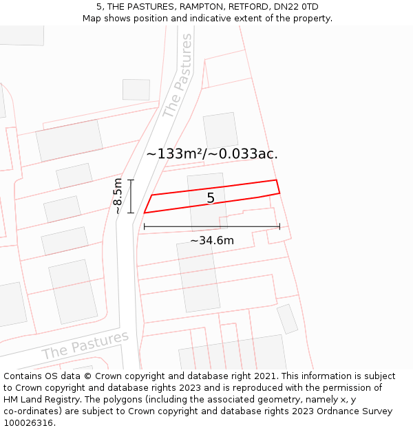 5, THE PASTURES, RAMPTON, RETFORD, DN22 0TD: Plot and title map