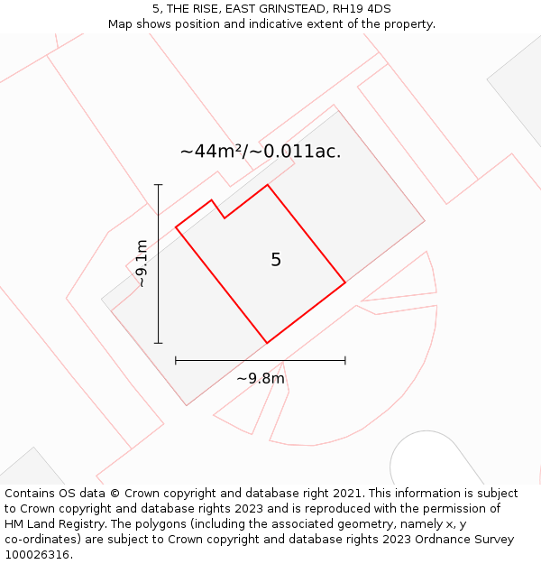 5, THE RISE, EAST GRINSTEAD, RH19 4DS: Plot and title map