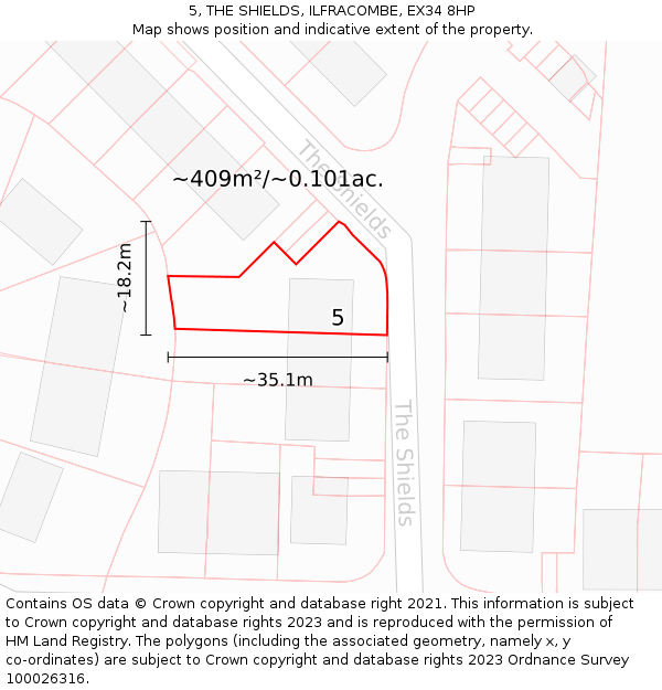 5, THE SHIELDS, ILFRACOMBE, EX34 8HP: Plot and title map