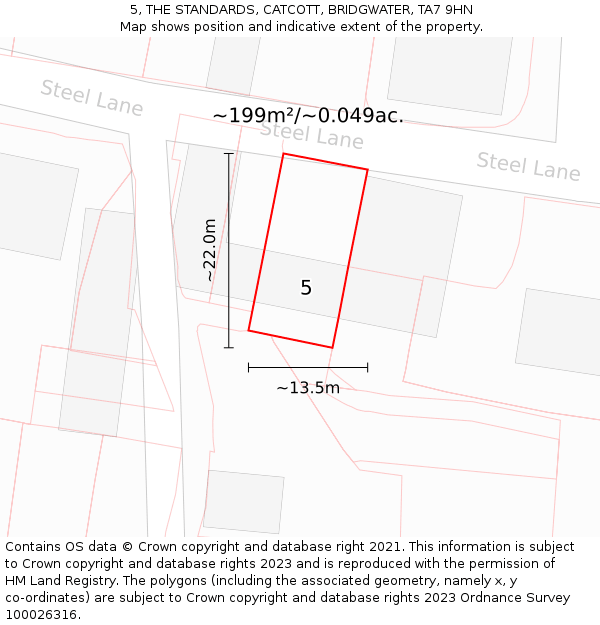 5, THE STANDARDS, CATCOTT, BRIDGWATER, TA7 9HN: Plot and title map