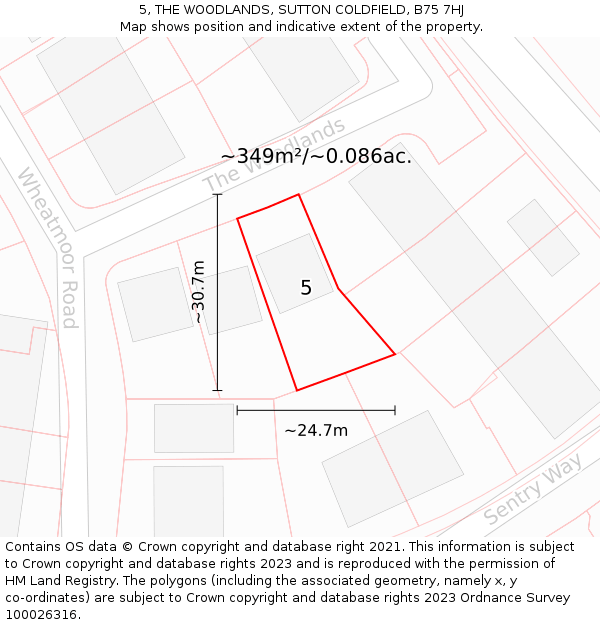 5, THE WOODLANDS, SUTTON COLDFIELD, B75 7HJ: Plot and title map