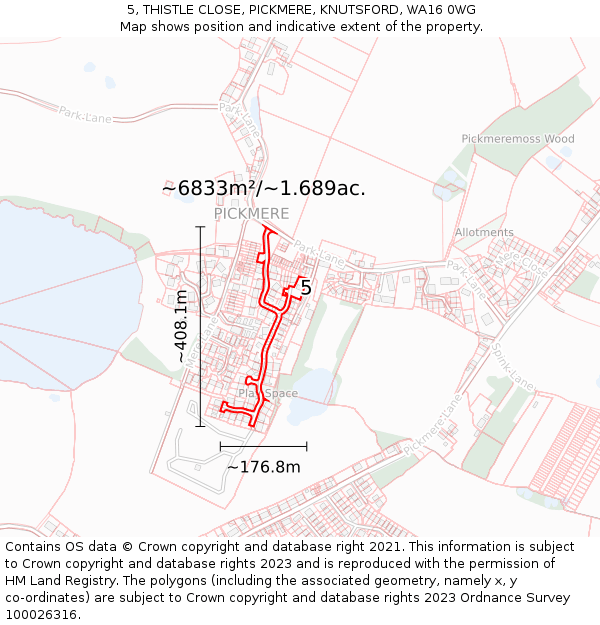 5, THISTLE CLOSE, PICKMERE, KNUTSFORD, WA16 0WG: Plot and title map