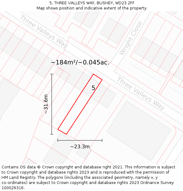 5, THREE VALLEYS WAY, BUSHEY, WD23 2FF: Plot and title map