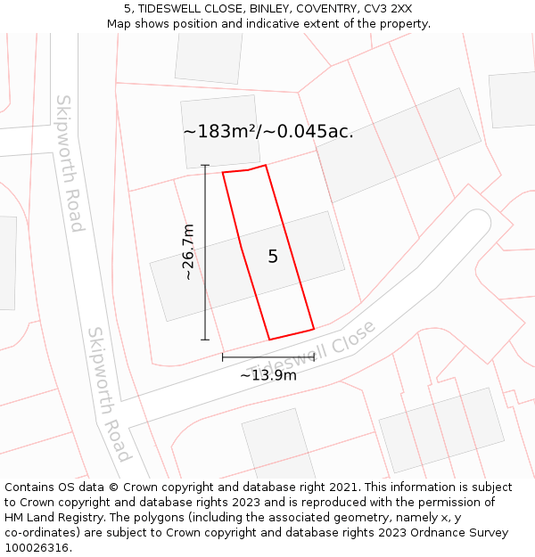 5, TIDESWELL CLOSE, BINLEY, COVENTRY, CV3 2XX: Plot and title map