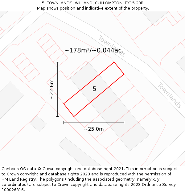5, TOWNLANDS, WILLAND, CULLOMPTON, EX15 2RR: Plot and title map