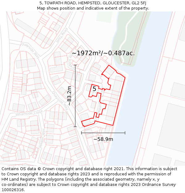 5, TOWPATH ROAD, HEMPSTED, GLOUCESTER, GL2 5FJ: Plot and title map