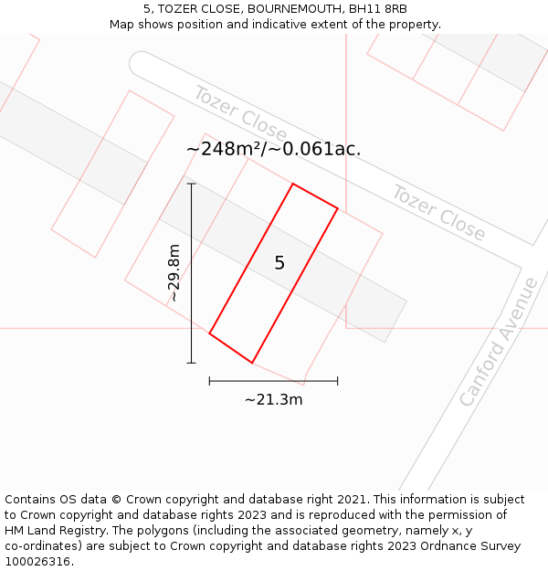 5, TOZER CLOSE, BOURNEMOUTH, BH11 8RB: Plot and title map