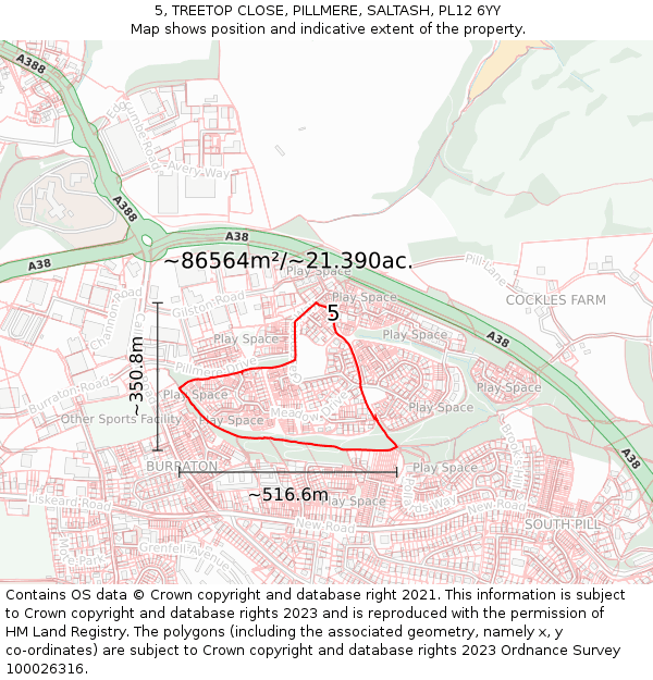 5, TREETOP CLOSE, PILLMERE, SALTASH, PL12 6YY: Plot and title map