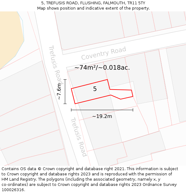 5, TREFUSIS ROAD, FLUSHING, FALMOUTH, TR11 5TY: Plot and title map
