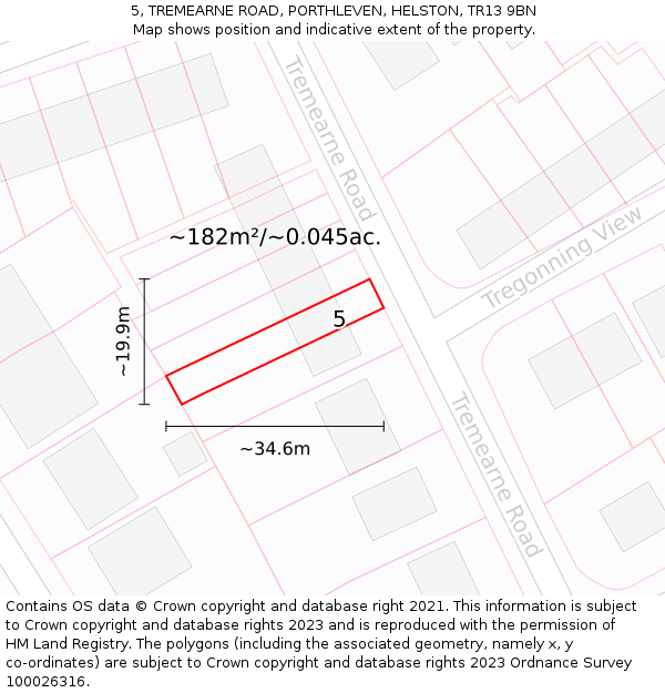 5, TREMEARNE ROAD, PORTHLEVEN, HELSTON, TR13 9BN: Plot and title map