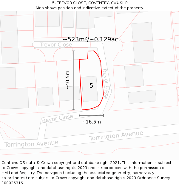 5, TREVOR CLOSE, COVENTRY, CV4 9HP: Plot and title map