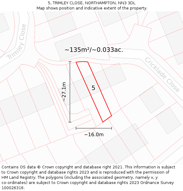 5, TRIMLEY CLOSE, NORTHAMPTON, NN3 3DL: Plot and title map