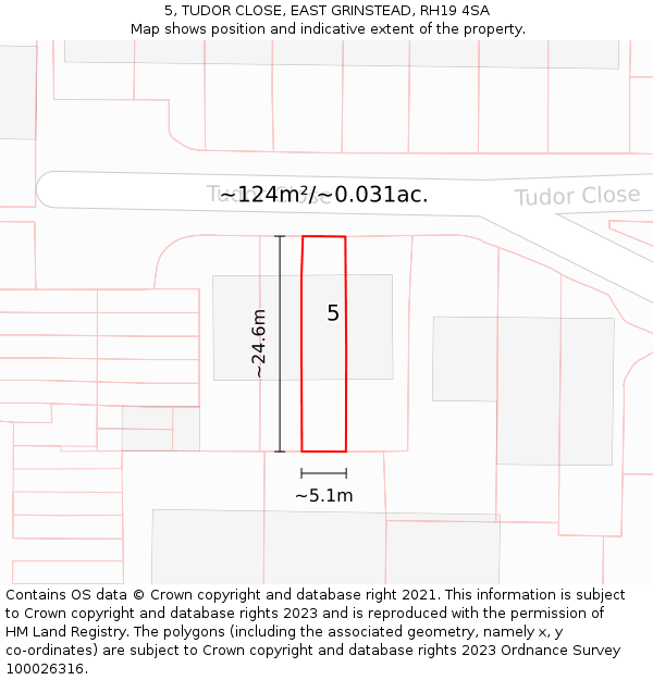 5, TUDOR CLOSE, EAST GRINSTEAD, RH19 4SA: Plot and title map