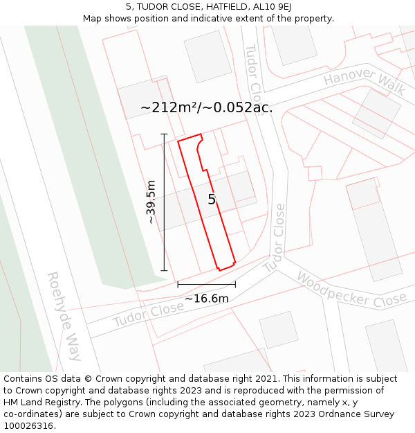5, TUDOR CLOSE, HATFIELD, AL10 9EJ: Plot and title map