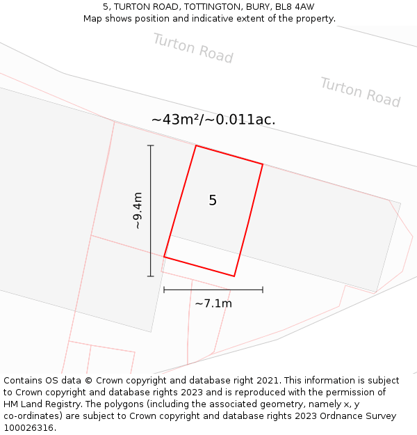 5, TURTON ROAD, TOTTINGTON, BURY, BL8 4AW: Plot and title map