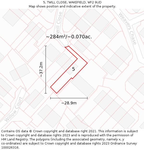 5, TWILL CLOSE, WAKEFIELD, WF2 9UD: Plot and title map