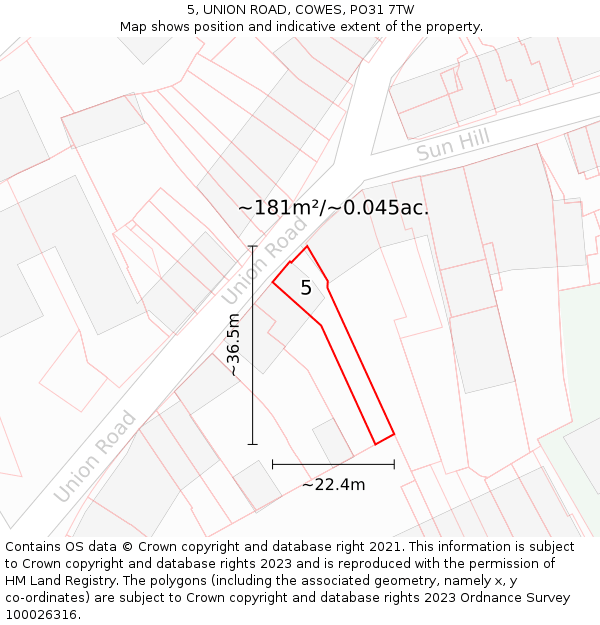 5, UNION ROAD, COWES, PO31 7TW: Plot and title map