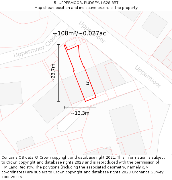 5, UPPERMOOR, PUDSEY, LS28 8BT: Plot and title map