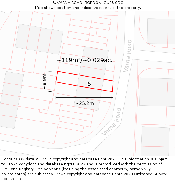 5, VARNA ROAD, BORDON, GU35 0DG: Plot and title map