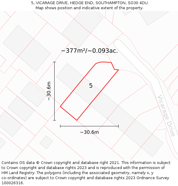 5, VICARAGE DRIVE, HEDGE END, SOUTHAMPTON, SO30 4DU: Plot and title map