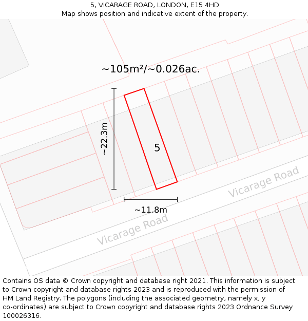 5, VICARAGE ROAD, LONDON, E15 4HD: Plot and title map