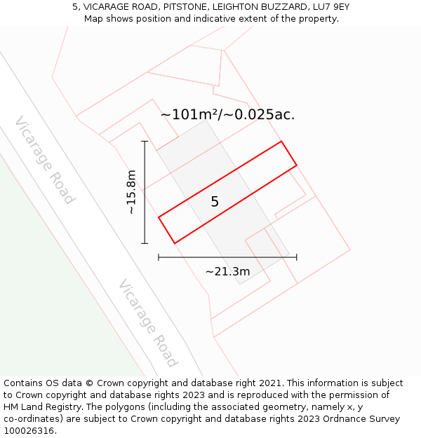 5, VICARAGE ROAD, PITSTONE, LEIGHTON BUZZARD, LU7 9EY: Plot and title map