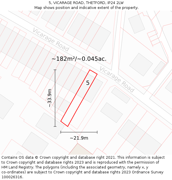 5, VICARAGE ROAD, THETFORD, IP24 2LW: Plot and title map