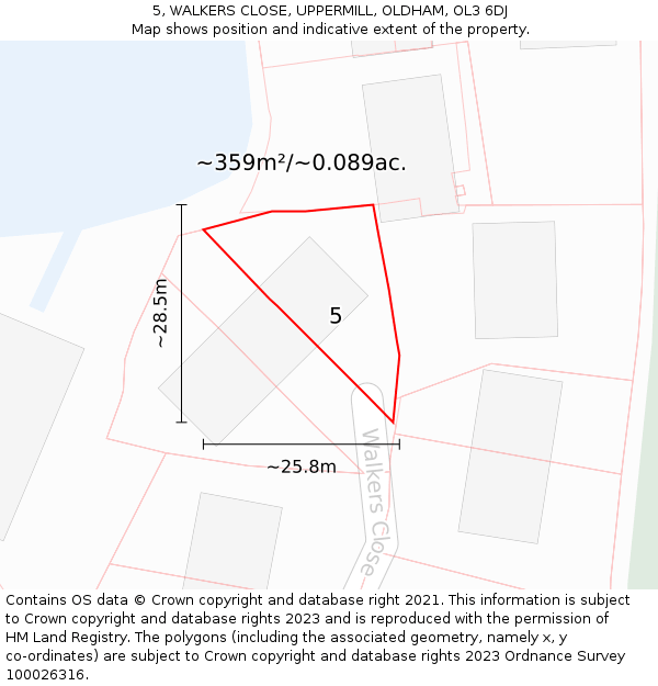 5, WALKERS CLOSE, UPPERMILL, OLDHAM, OL3 6DJ: Plot and title map