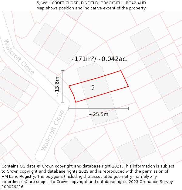 5, WALLCROFT CLOSE, BINFIELD, BRACKNELL, RG42 4UD: Plot and title map