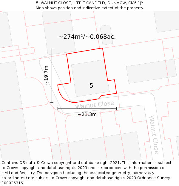 5, WALNUT CLOSE, LITTLE CANFIELD, DUNMOW, CM6 1JY: Plot and title map