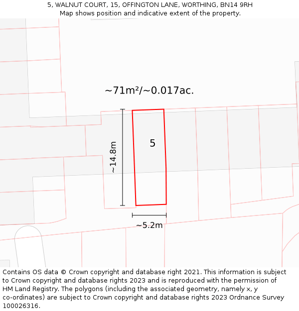 5, WALNUT COURT, 15, OFFINGTON LANE, WORTHING, BN14 9RH: Plot and title map