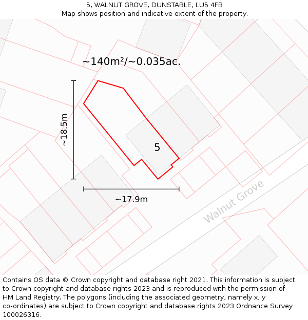 5, WALNUT GROVE, DUNSTABLE, LU5 4FB: Plot and title map