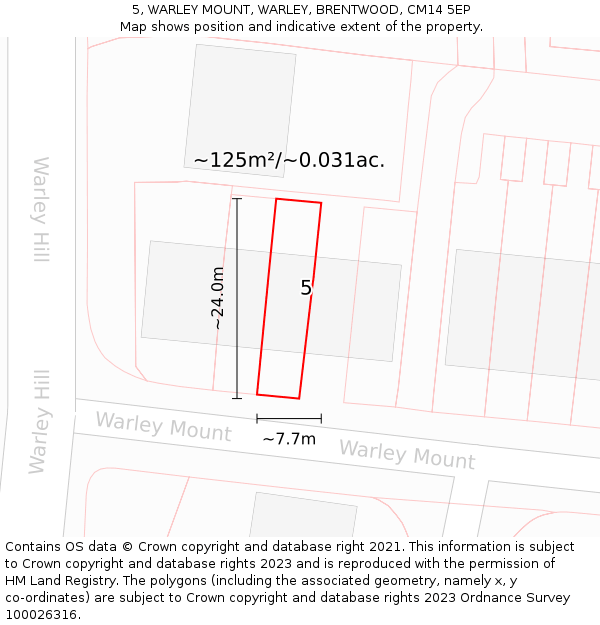 5, WARLEY MOUNT, WARLEY, BRENTWOOD, CM14 5EP: Plot and title map