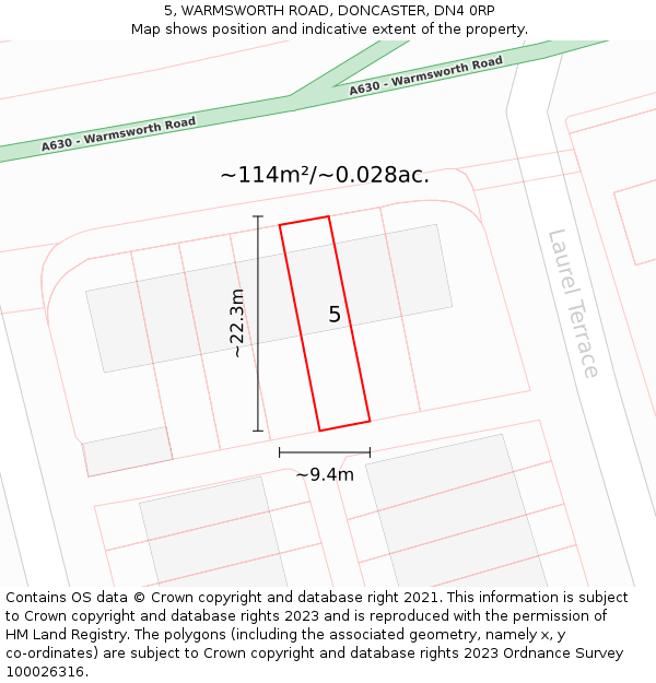 5, WARMSWORTH ROAD, DONCASTER, DN4 0RP: Plot and title map
