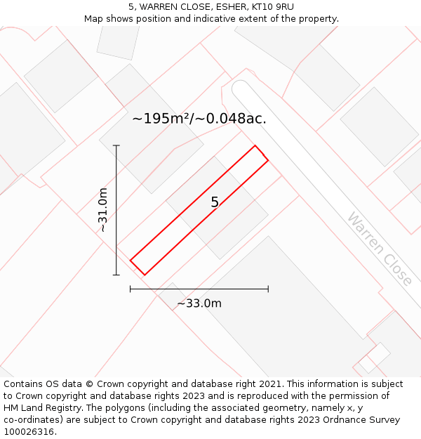 5, WARREN CLOSE, ESHER, KT10 9RU: Plot and title map