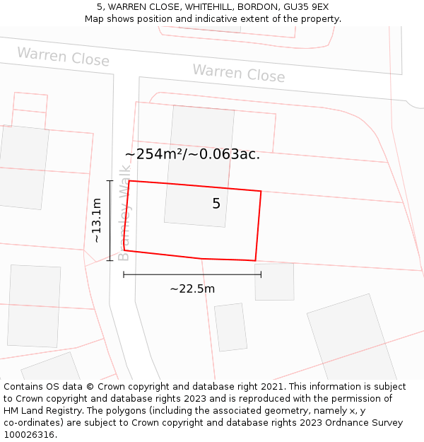 5, WARREN CLOSE, WHITEHILL, BORDON, GU35 9EX: Plot and title map