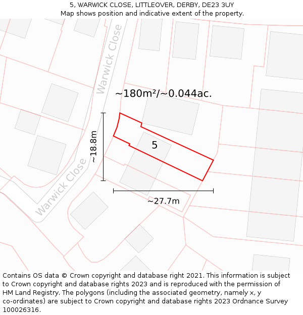 5, WARWICK CLOSE, LITTLEOVER, DERBY, DE23 3UY: Plot and title map