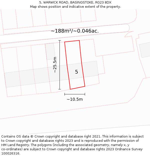 5, WARWICK ROAD, BASINGSTOKE, RG23 8DX: Plot and title map