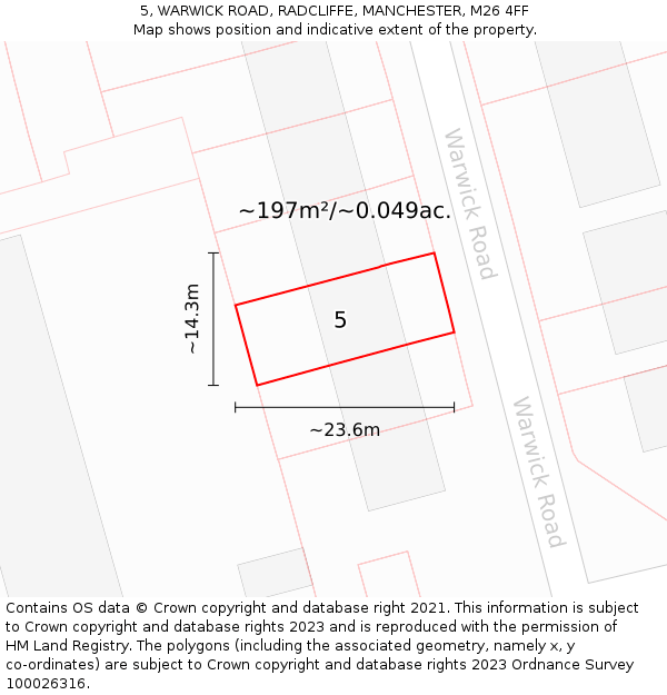 5, WARWICK ROAD, RADCLIFFE, MANCHESTER, M26 4FF: Plot and title map