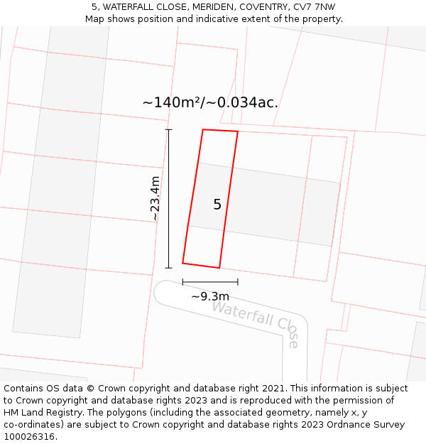 5, WATERFALL CLOSE, MERIDEN, COVENTRY, CV7 7NW: Plot and title map