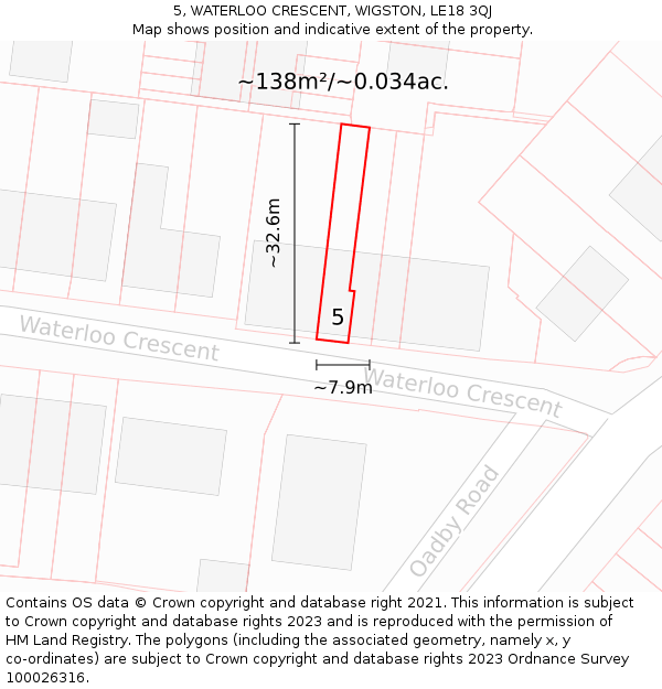 5, WATERLOO CRESCENT, WIGSTON, LE18 3QJ: Plot and title map