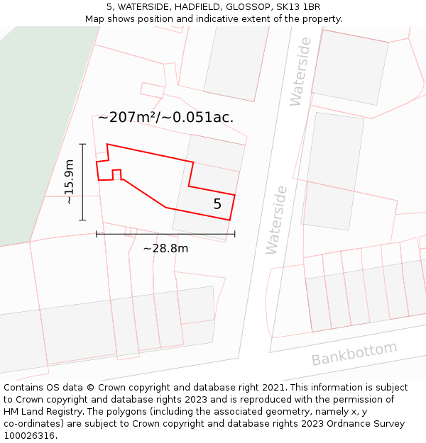 5, WATERSIDE, HADFIELD, GLOSSOP, SK13 1BR: Plot and title map