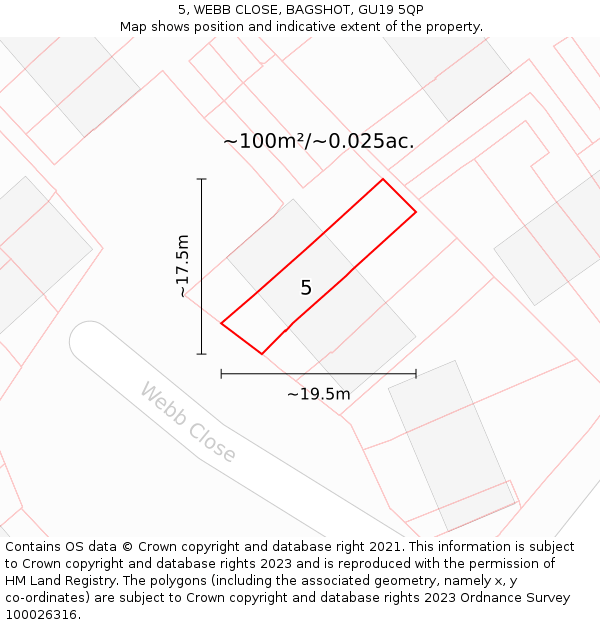 5, WEBB CLOSE, BAGSHOT, GU19 5QP: Plot and title map